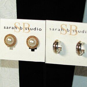 Vtg Sarah B Studio 80s Clip-On EARRINGS x2 Pair: Faux Pearl & Hoop,  MOC F97